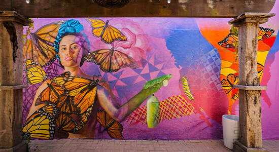 Mural artwork “Destino Monarca” by Irving Cano celebrating butterfly habitat restoration and conservation