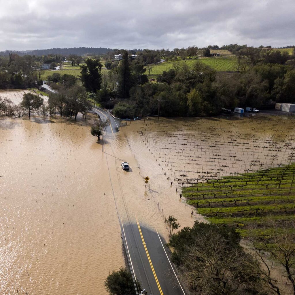 Aerial photo of the Russian River Flooding on Westside Road, Healdsburg, CA