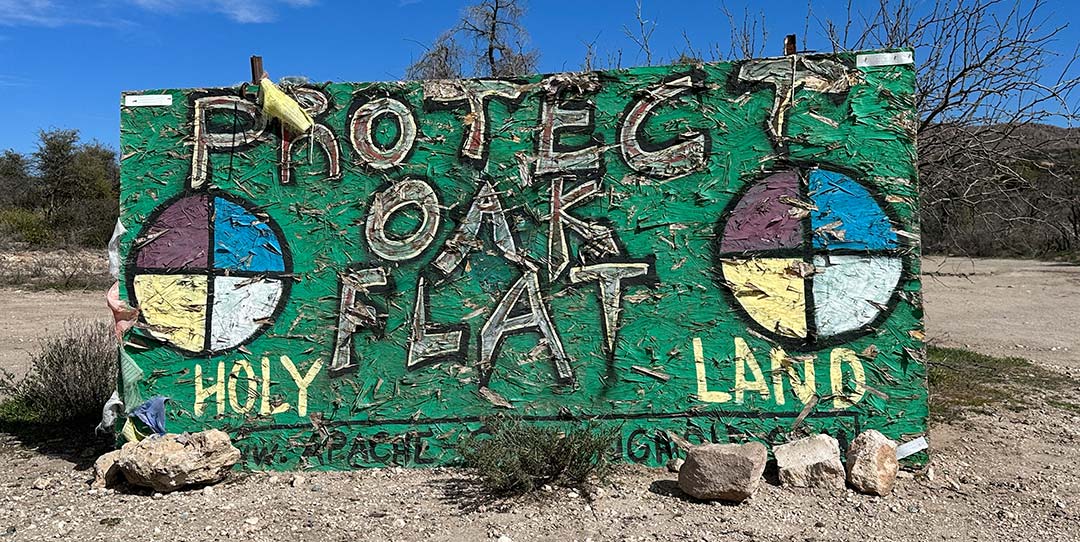 Hand painted sign, "Protect Oak Flat, Holy Land"